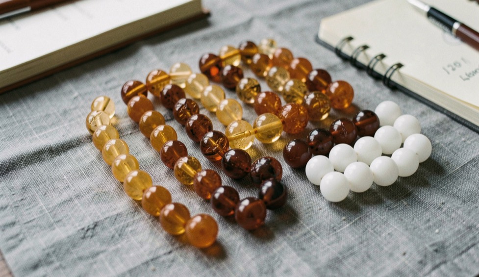 Graduated display of amber beads from pale honey through deep cognac to opaque white arranged on gray linen with a price notebook