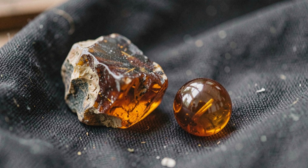 Raw amber nugget of warm honey color held over a dark cloth showing rough weathered crust beside a polished bead