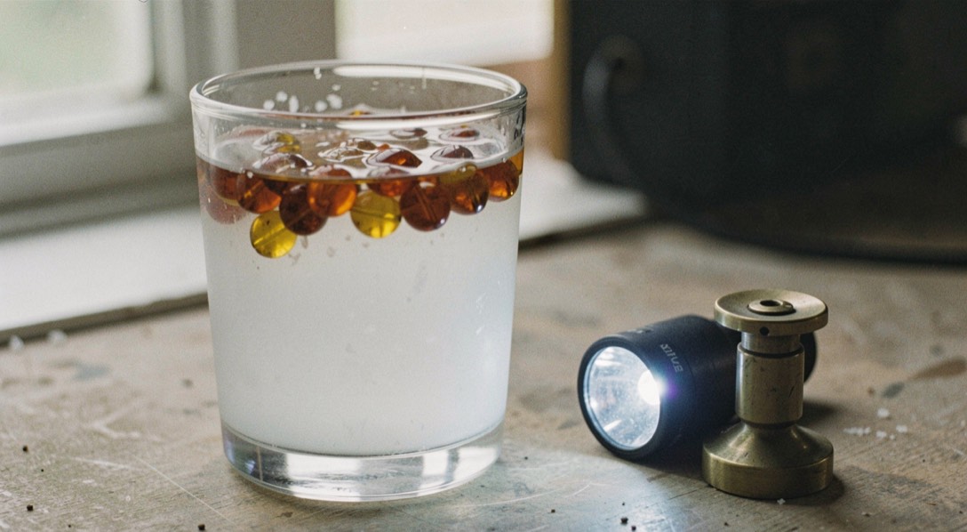 Beads of amber floating in a glass of cloudy salt water beside a small ultraviolet flashlight and a brass weight on a table