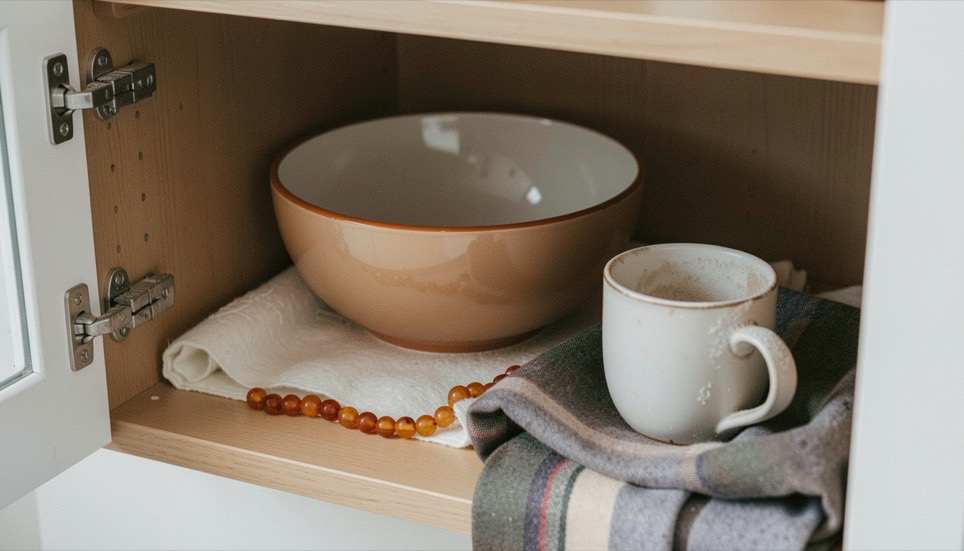 Open care cupboard with a lacquered bowl on a felt liner, amber beads on cotton, a wrapped shawl and a porcelain cup dusted and waiting