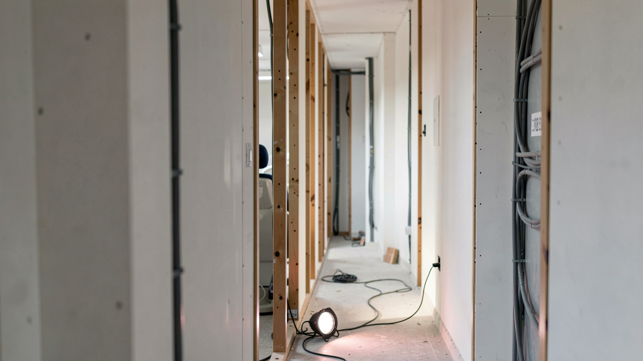 A dental office under construction seen from the corridor, bare stud walls and exposed ceiling services, daylight from a window at the far end, wide shot at door height.