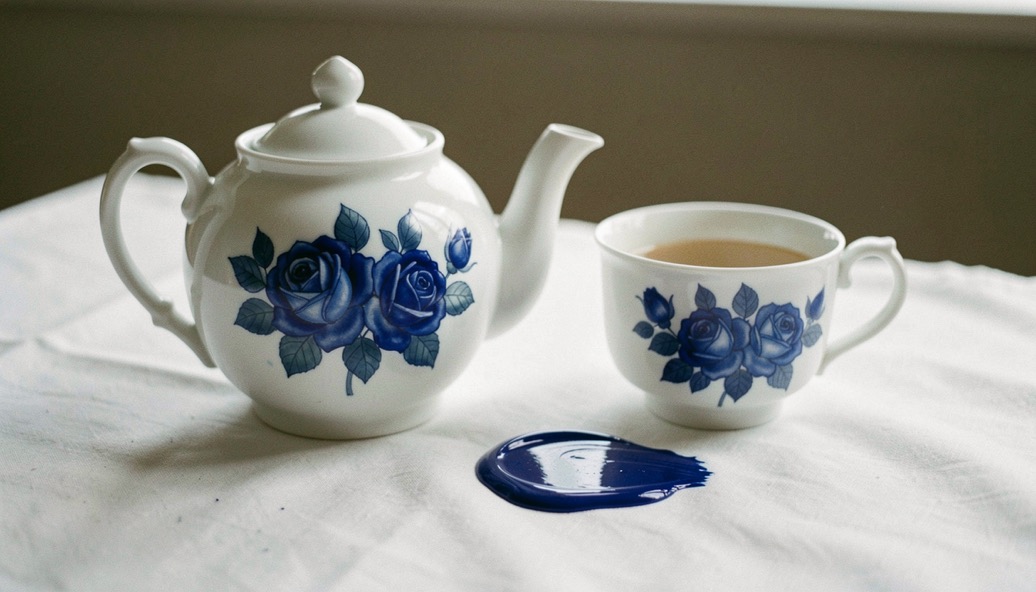 White porcelain teapot and cup painted with cobalt blue roses beside a raw dab of deep cobalt pigment on a white cloth