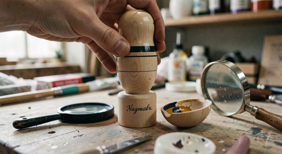 Open nesting doll held over a workshop table showing clean turned seam and signed base beside a magnifier and lacquered half shell