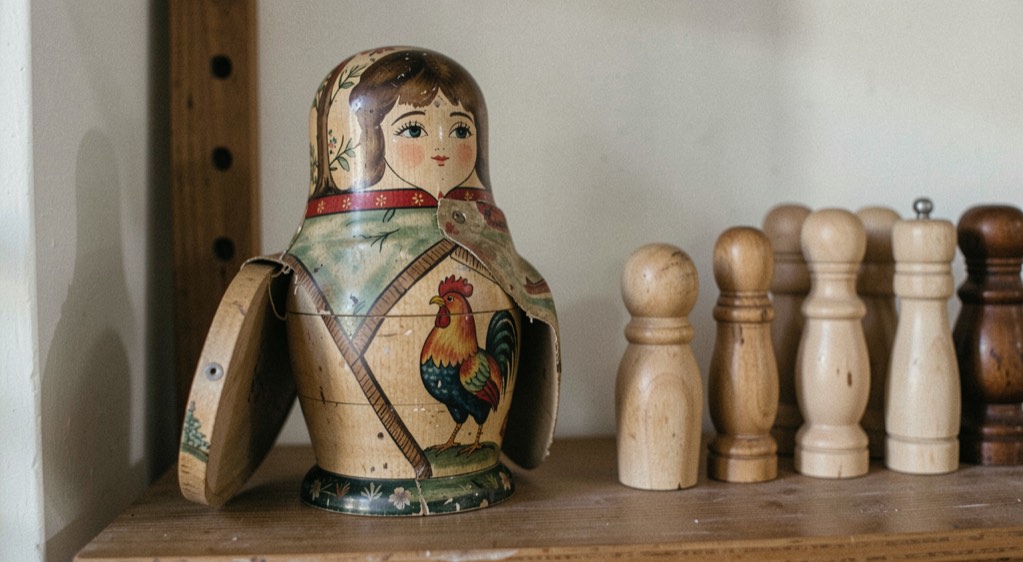 Antique wooden nesting doll with a faded painted shawl and rooster motif standing open on a museum shelf beside turned blanks