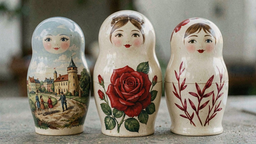 Three nesting dolls side by side with different painting styles showing scene work, a bold red rose and slender crimson flowerwork