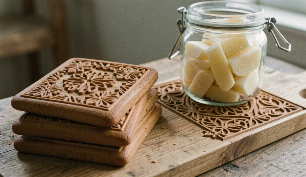 Stack of rectangular printed gingerbread with relief patterns beside a carved wooden stamping board and a jar of pale apple pastila