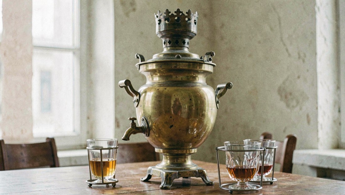 Antique brass samovar with vase shaped body, curved tap and crown chimney standing beside two faceted tea glasses in metal holders