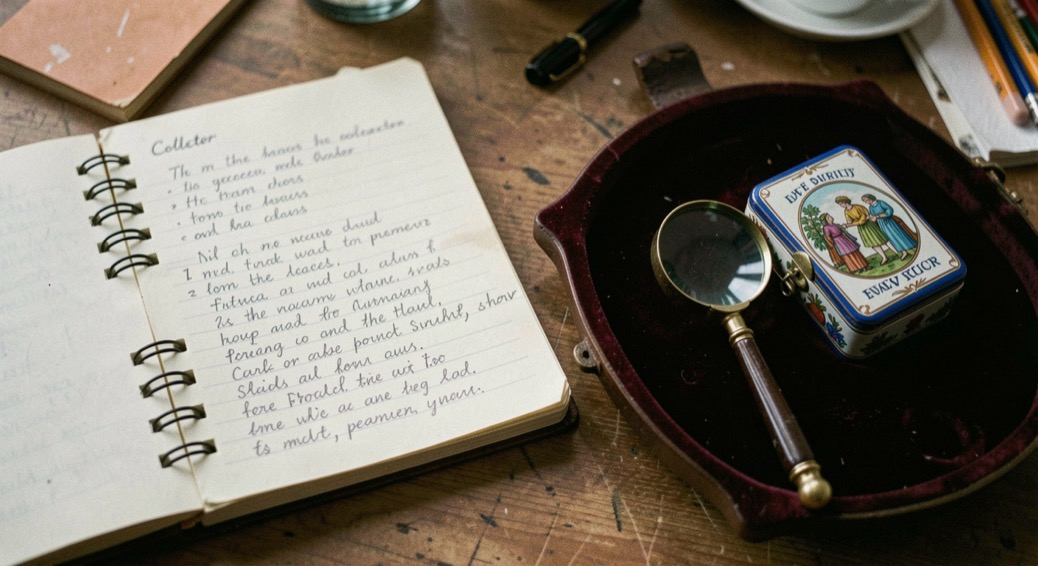Open collector notebook with pencil notes beside a magnifying glass resting on a velvet tray holding a small enamel box