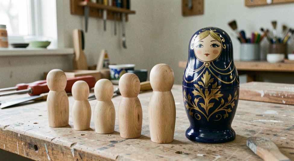 Row of unpainted linden doll blanks of descending size beside one finished cobalt and gold nesting doll on a workshop bench
