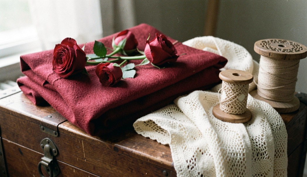 Folded crimson wool shawl with roses and a cream knitted gossamer wrap resting on a dark wooden chest with a wooden lace bobbin
