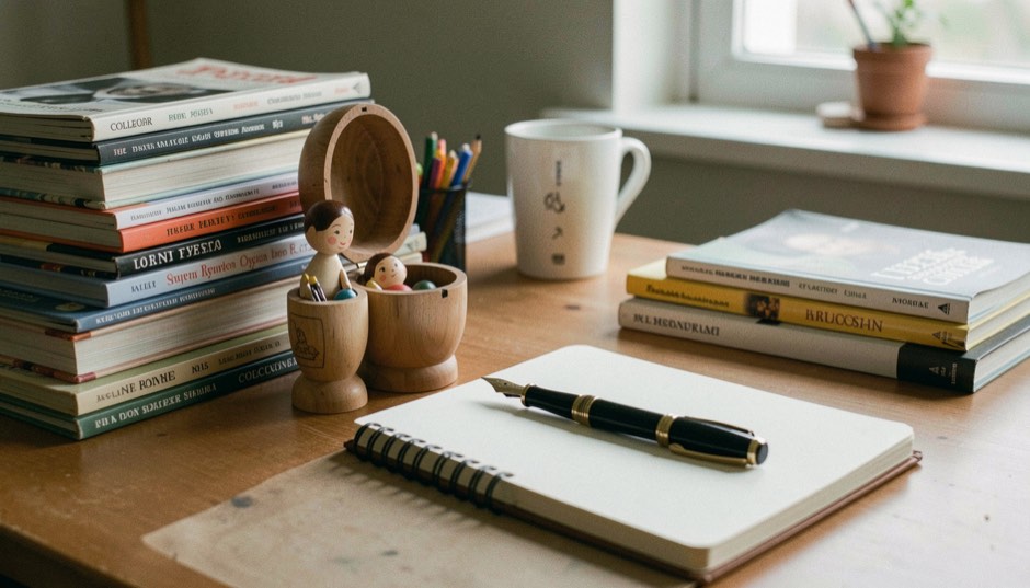 Writing desk with stacked collector catalogues, a wooden nesting doll standing open and a notebook with a fountain pen across it