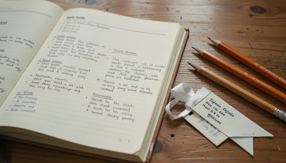 Open style guide with handwritten margin notes beside two sharpened pencils and a folded ribbon bookmark on a wooden table