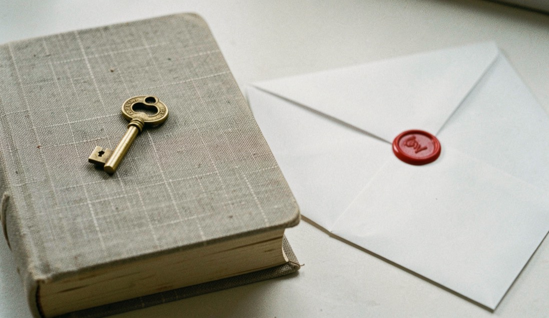 Simple brass key resting on a closed linen covered notebook beside a single white envelope sealed with a red wax dot