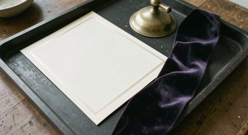 Blank cream card with a gold border resting on a dark tray beside a folded velvet ribbon and a small brass paperweight